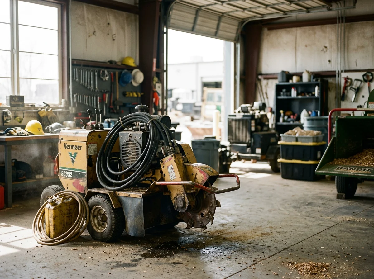 Professional stump grinding equipment and tools ready for tree removal and site cleanup work.