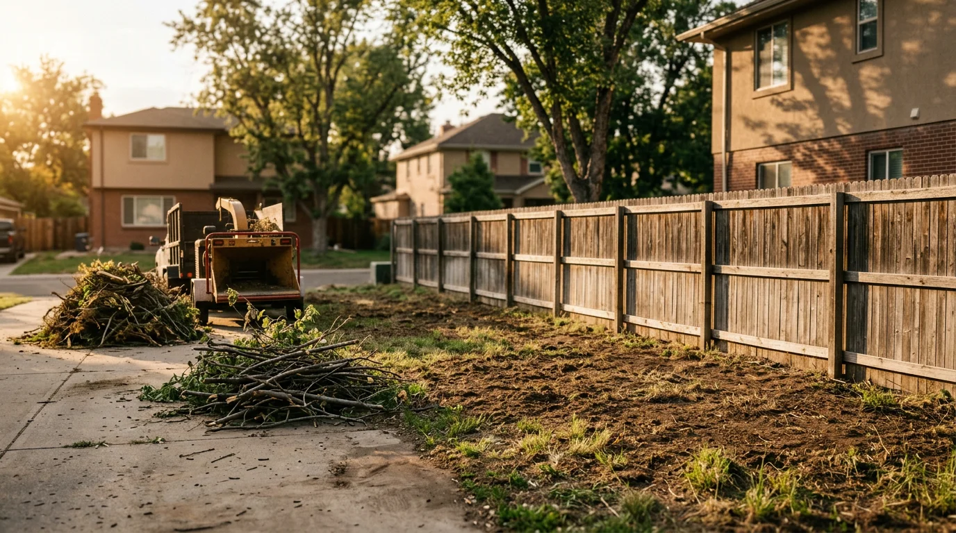 Debris removal truck hauling tree branches and yard waste from residential property
