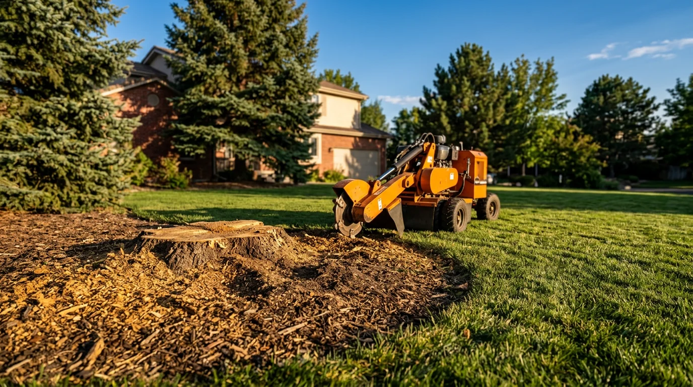 Professional arborist using stump grinder on residential property in Denver area