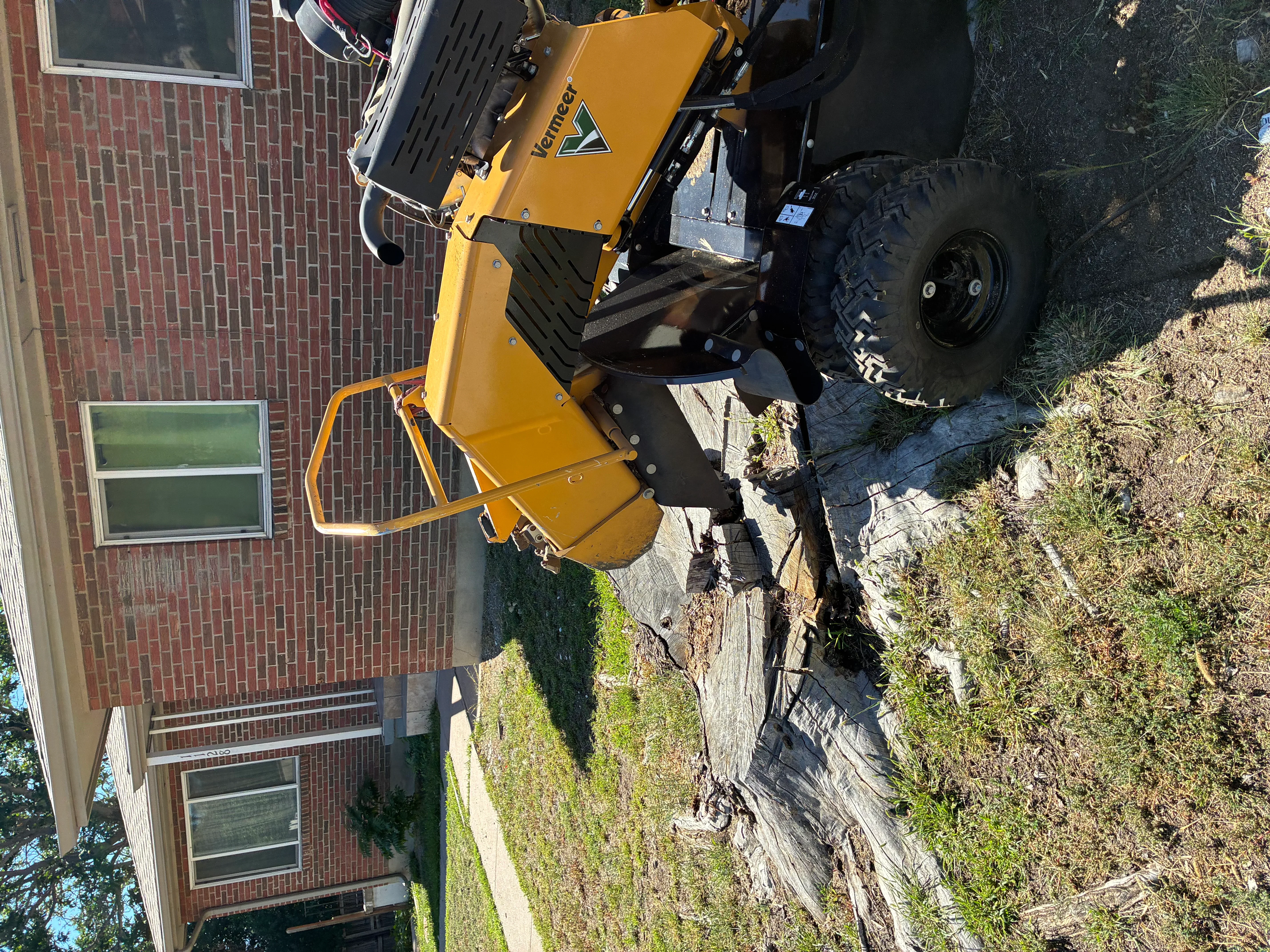 Yellow Vermeer stump grinder positioned at residential property with brick home and cleared ground area