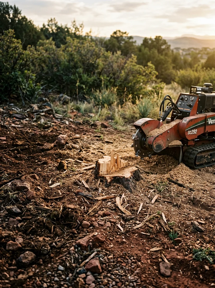 Tree stump removal in progress in western Arvada near the foothills, showing rocky soil and a freshly ground pine stump.