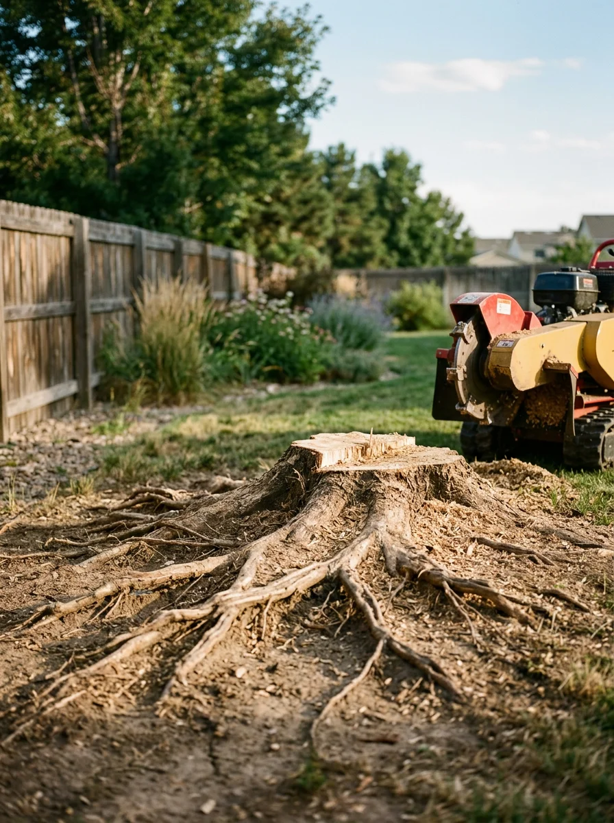 Exposed root system of a mature elm stump being ground in an Aurora residential yard, showing wide lateral roots in compacted clay soil.