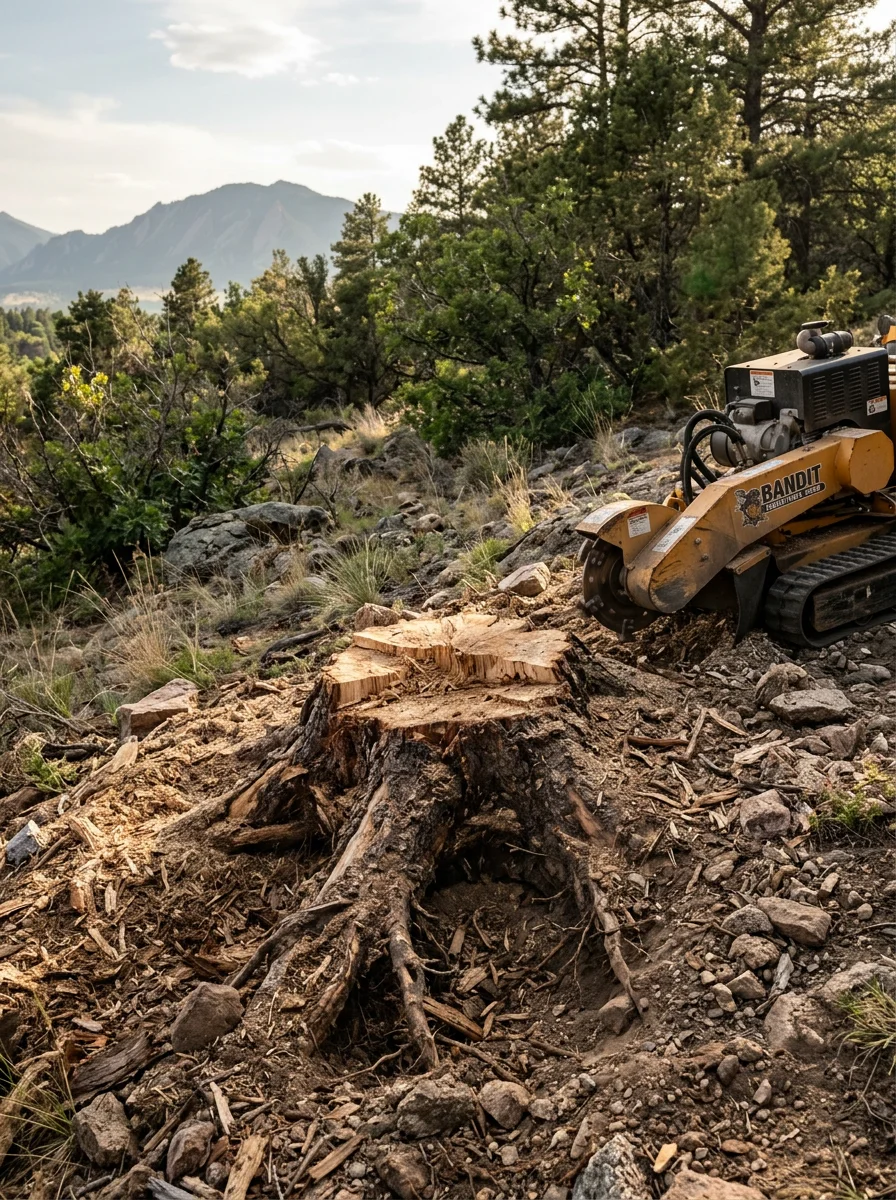 Freshly removed tree stump on a Boulder foothill property showing rocky soil and exposed root system after grinding.