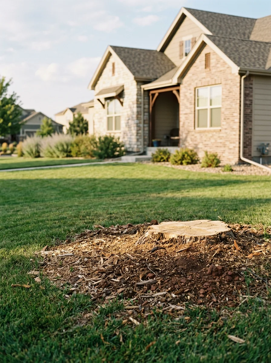 Freshly ground tree stump in a Castle Rock master-planned community yard, showing rocky clay soil and a newer suburban home in the background.