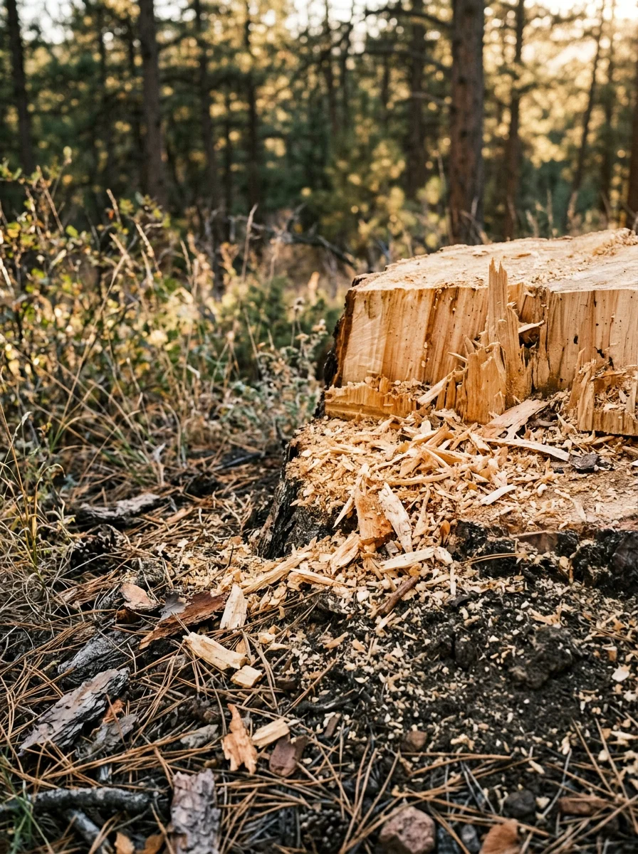 Freshly ground ponderosa pine stump on a Black Forest property in Colorado Springs, surrounded by pine needle ground cover and clay-sandy soil.