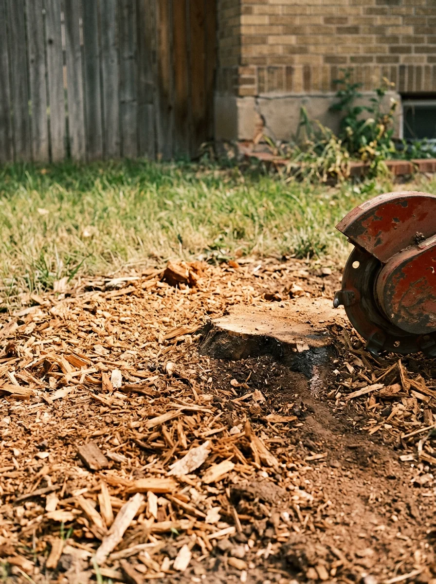 Close-up of a freshly ground tree stump in a Denver yard showing wood chip debris in compacted clay soil.