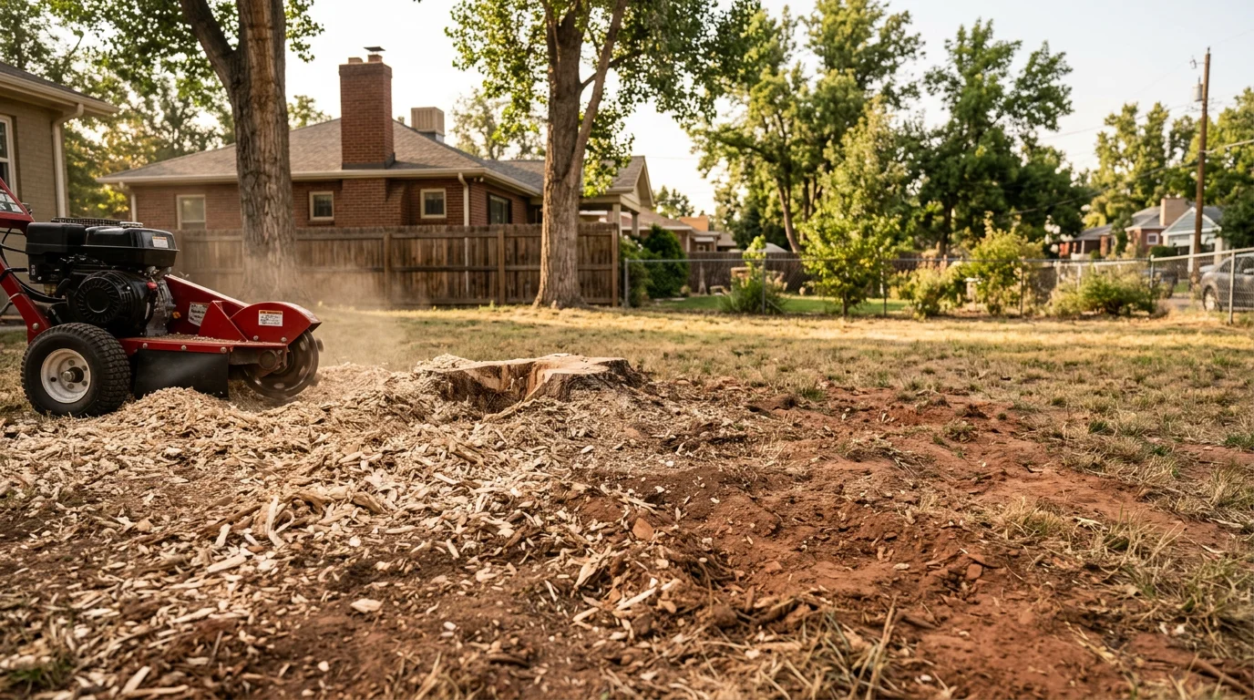 A stump grinder working on a large cottonwood stump in a Denver residential backyard, with clay soil visible around the root base.
