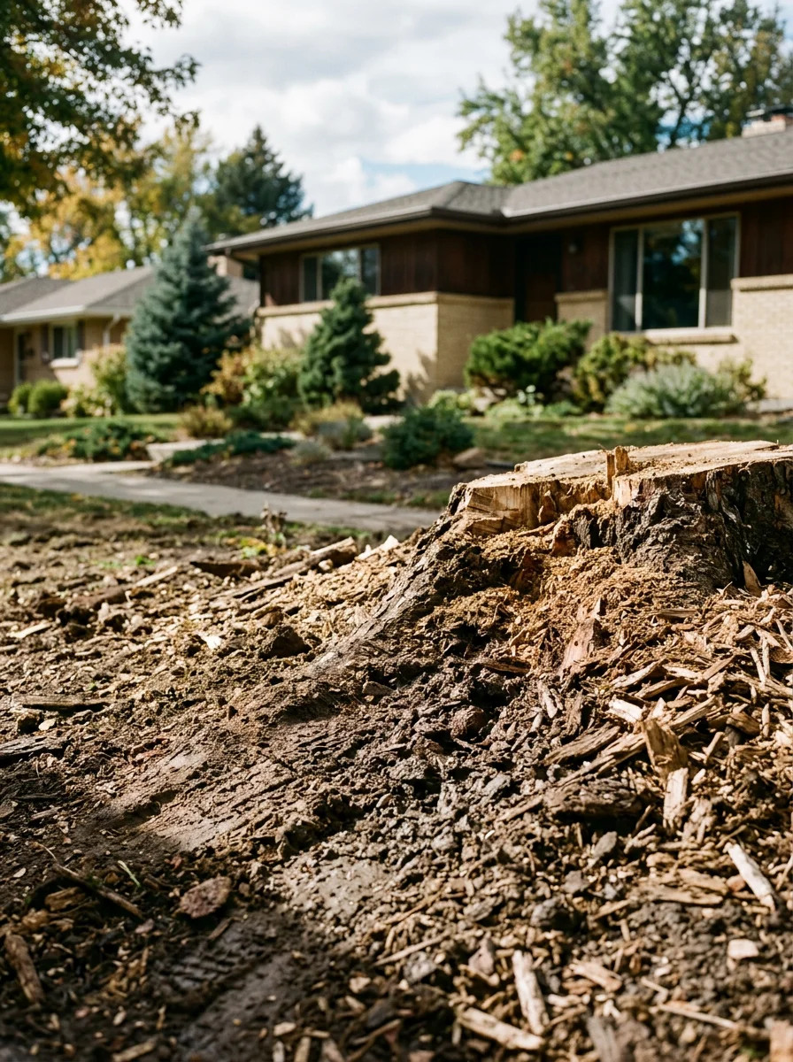 Freshly ground tree stump in a Lakewood mid-century neighborhood near Belmar, with clay soil and a 1960s ranch home visible behind the work area.