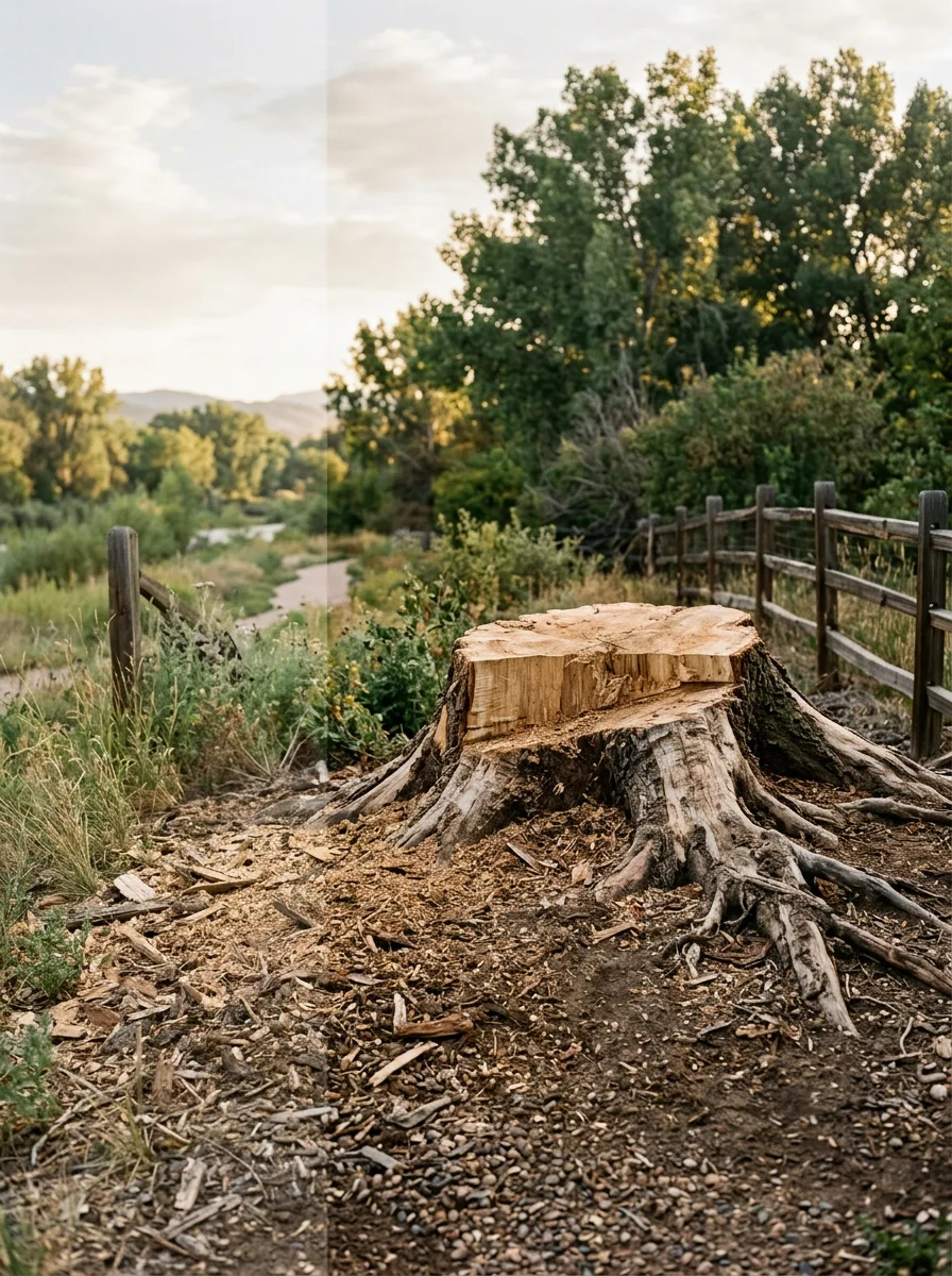 Wide root system exposed around a freshly ground cottonwood stump in a Littleton backyard near the South Platte River corridor.