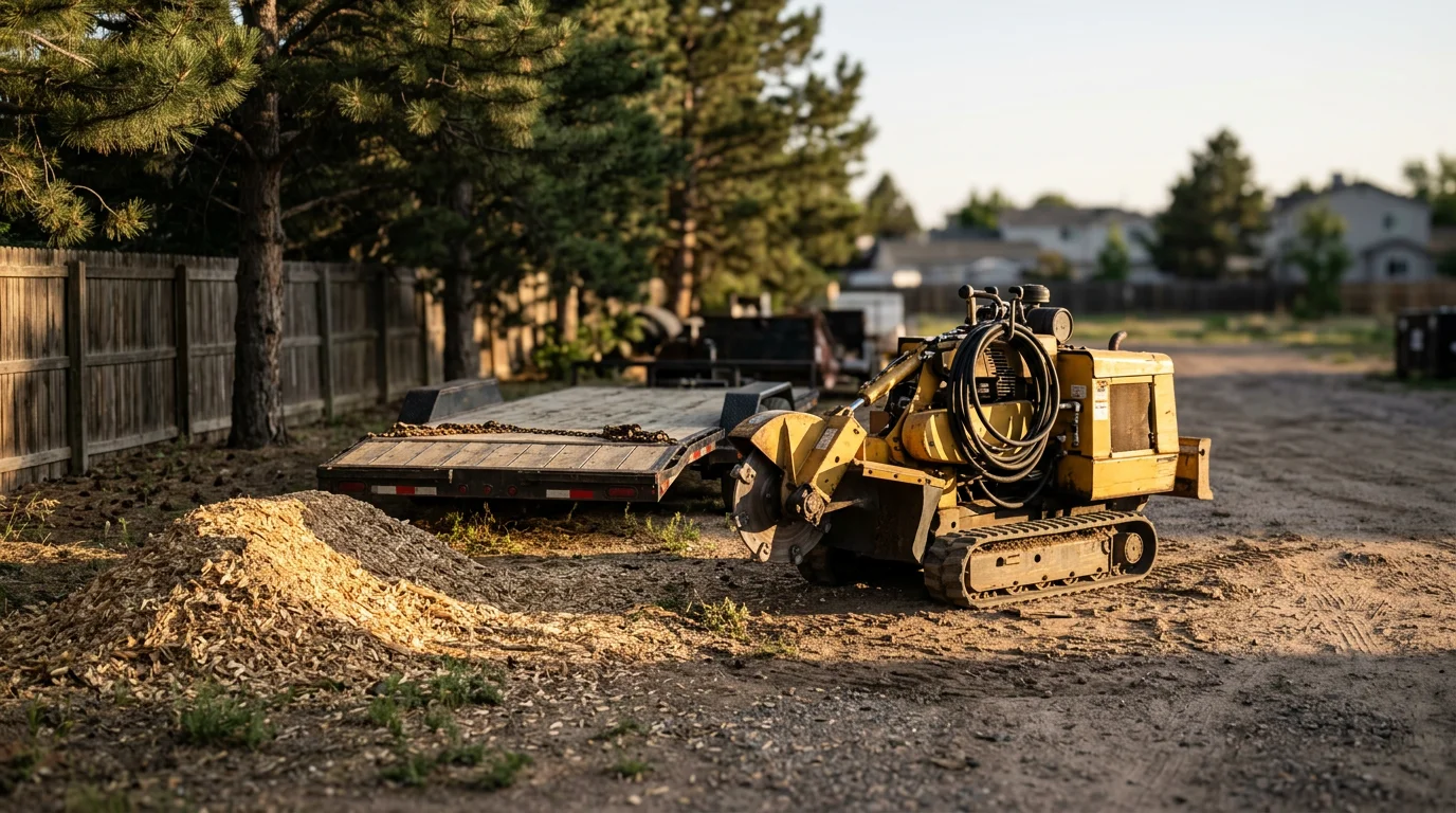 Contractor-grade stump grinding equipment staged in a Denver residential backyard next to a freshly cut tree stump surrounded by Colorado clay soil. The machine is positioned near a wooden fence, showing typical Front Range yard access conditions.