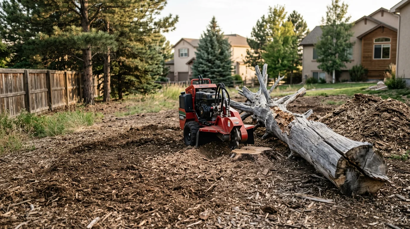 A large dead tree being removed from a residential backyard in Denver, Colorado, with bare branches and dry bark visible against a clear sky. The surrounding lawn and fence line remain undisturbed during the removal process.