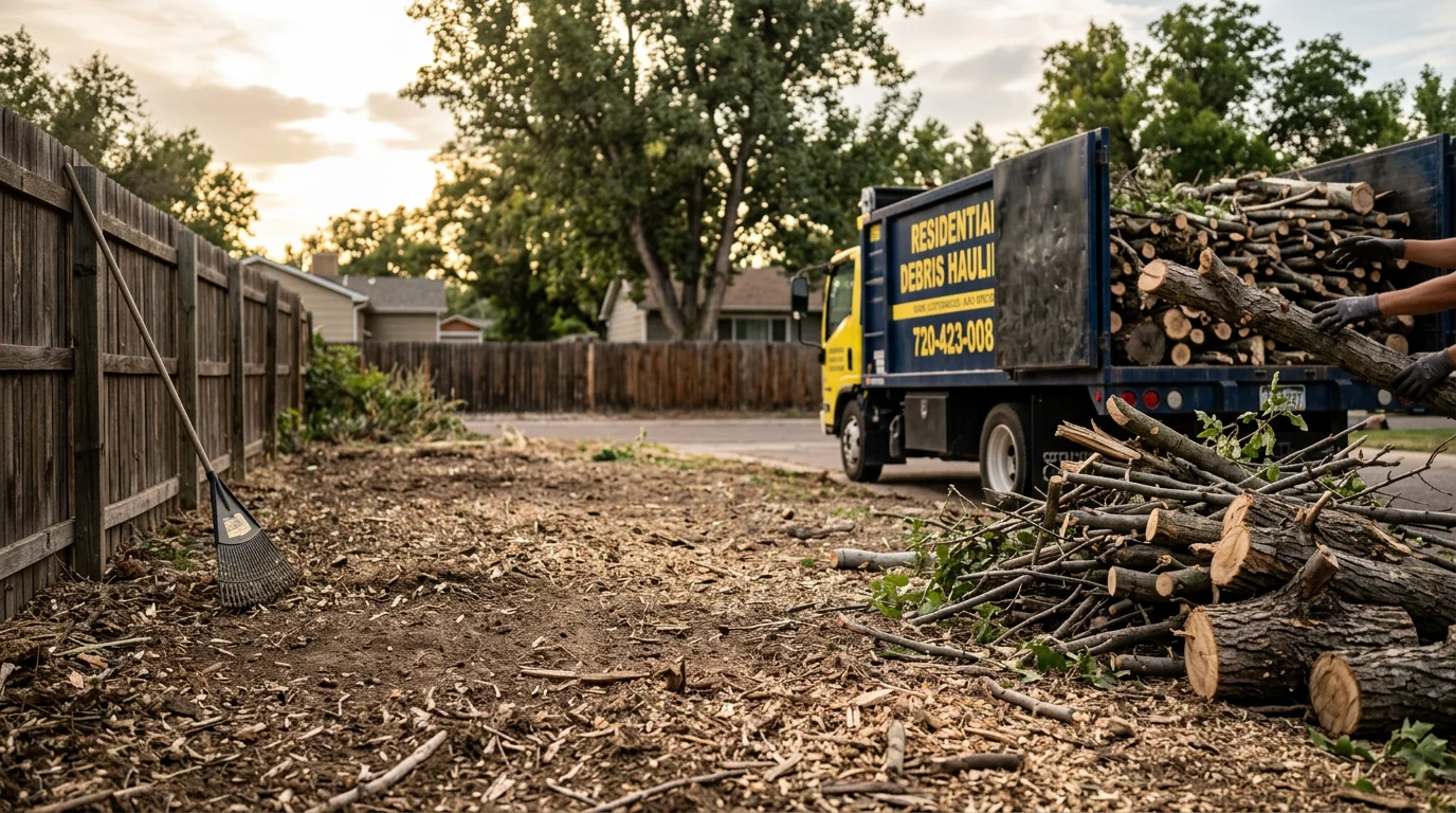 A cleared Denver backyard after debris removal, with wood chips and branch material hauled away following a stump grinding project. The ground is level and open, ready for replanting or lawn restoration.