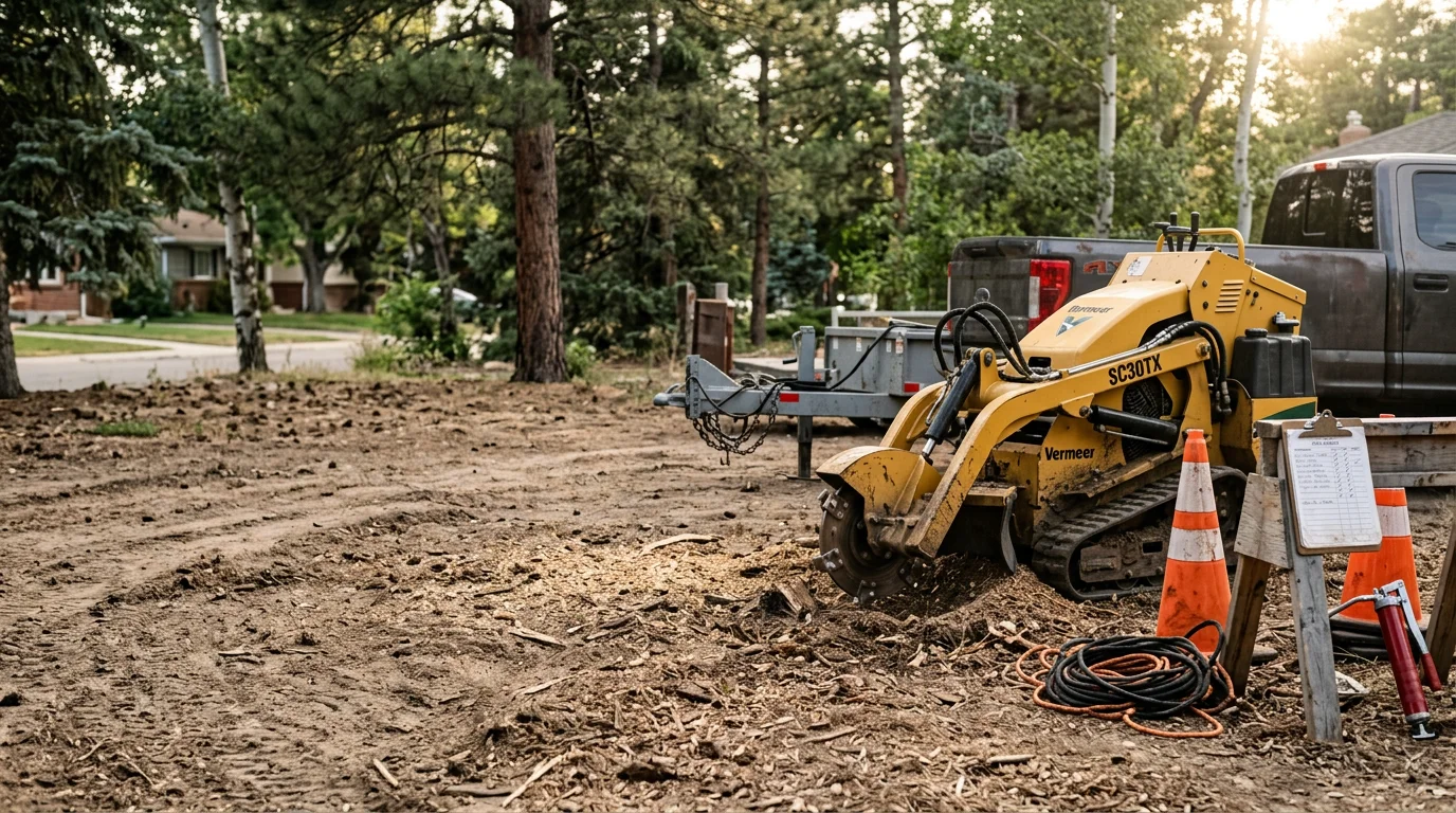 A stump grinder positioned next to a freshly cut tree stump in a Denver-area backyard with compacted soil and mature surrounding trees. Equipment rental setup ready for a homeowner stump removal project on the Front Range.