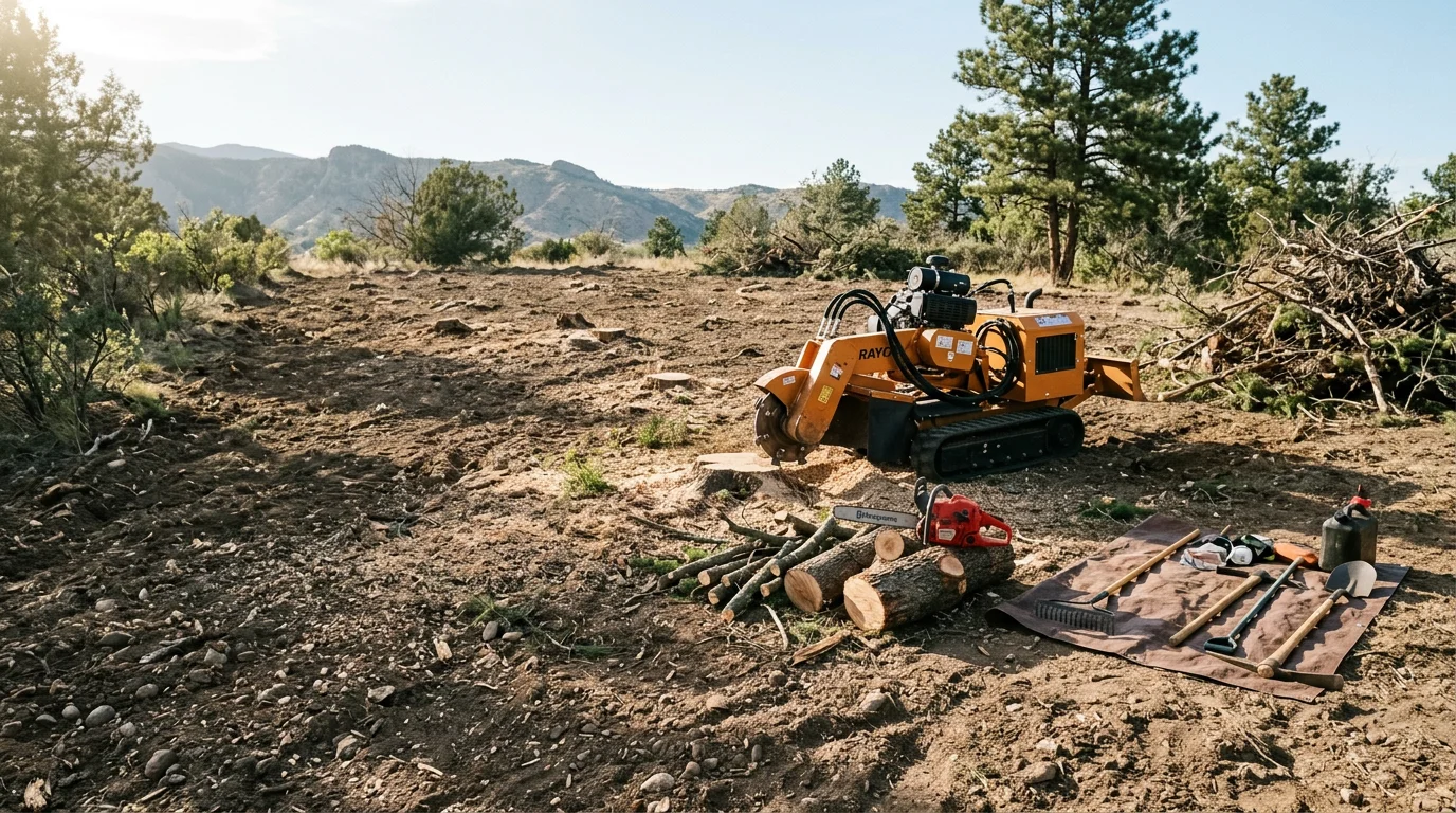 A cleared residential lot in the Denver metro area with trees, brush, and stumps removed, leaving open ground ready for construction or landscaping. The Front Range foothills are visible in the background.