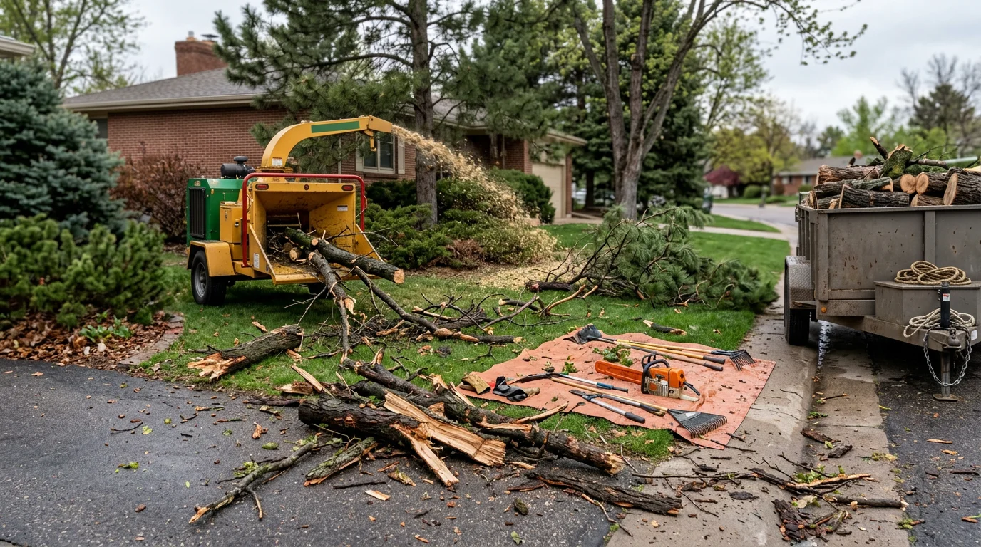 A Denver residential yard after a spring snowstorm, showing large broken tree limbs and scattered woody debris cleared from a driveway and lawn. A truck from Peaks Stump Grinding LLC is visible in the background, loaded with removed storm debris.