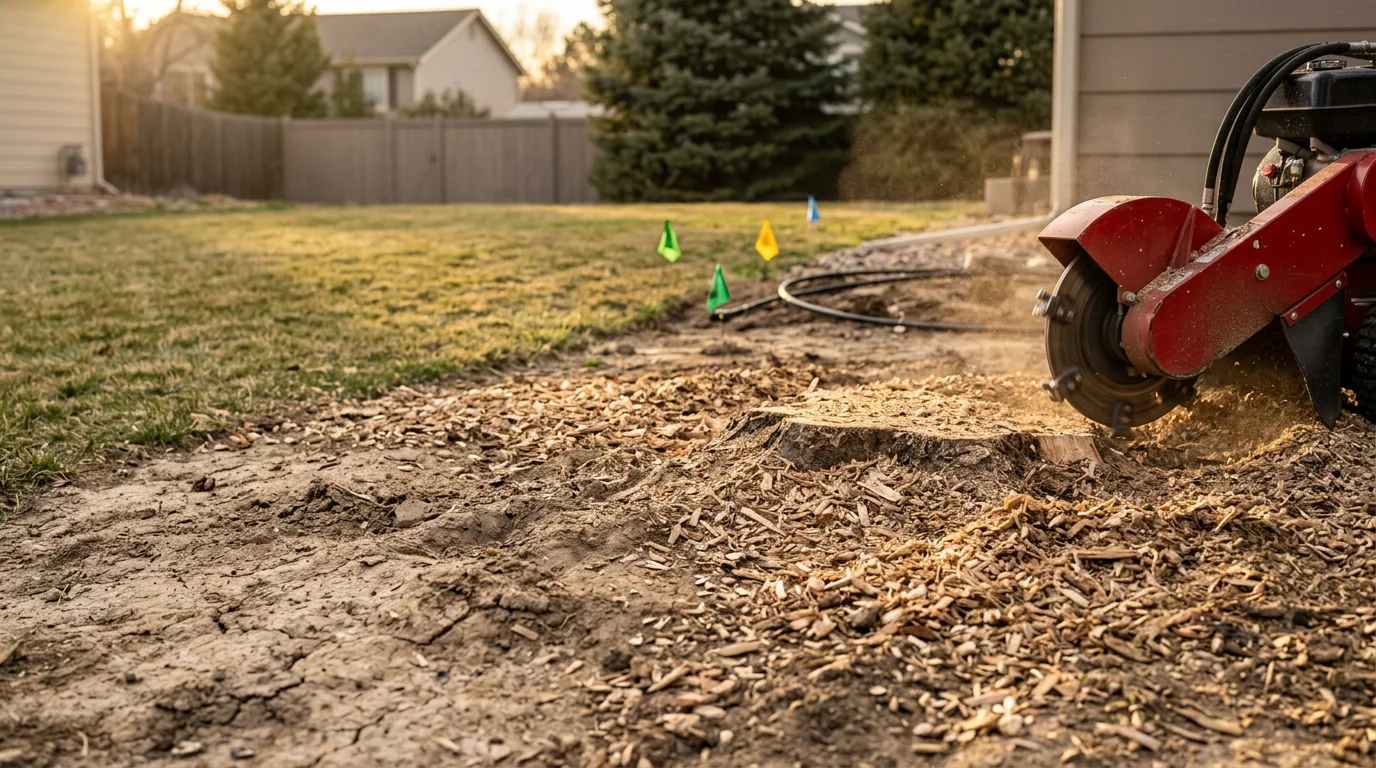A freshly ground tree stump in a Denver backyard, reduced below the soil line with wood chips spread across the surrounding grass. The cleared area is level and ready for reseeding or new landscaping.