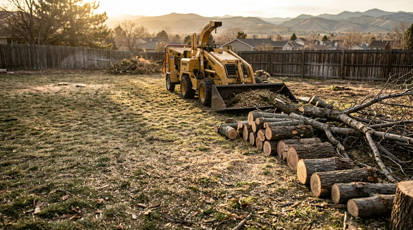 Large cut tree logs and branches piled in a residential backyard in Denver, Colorado, ready for hauling and disposal. A cleared lawn is visible in the background after tree removal work.