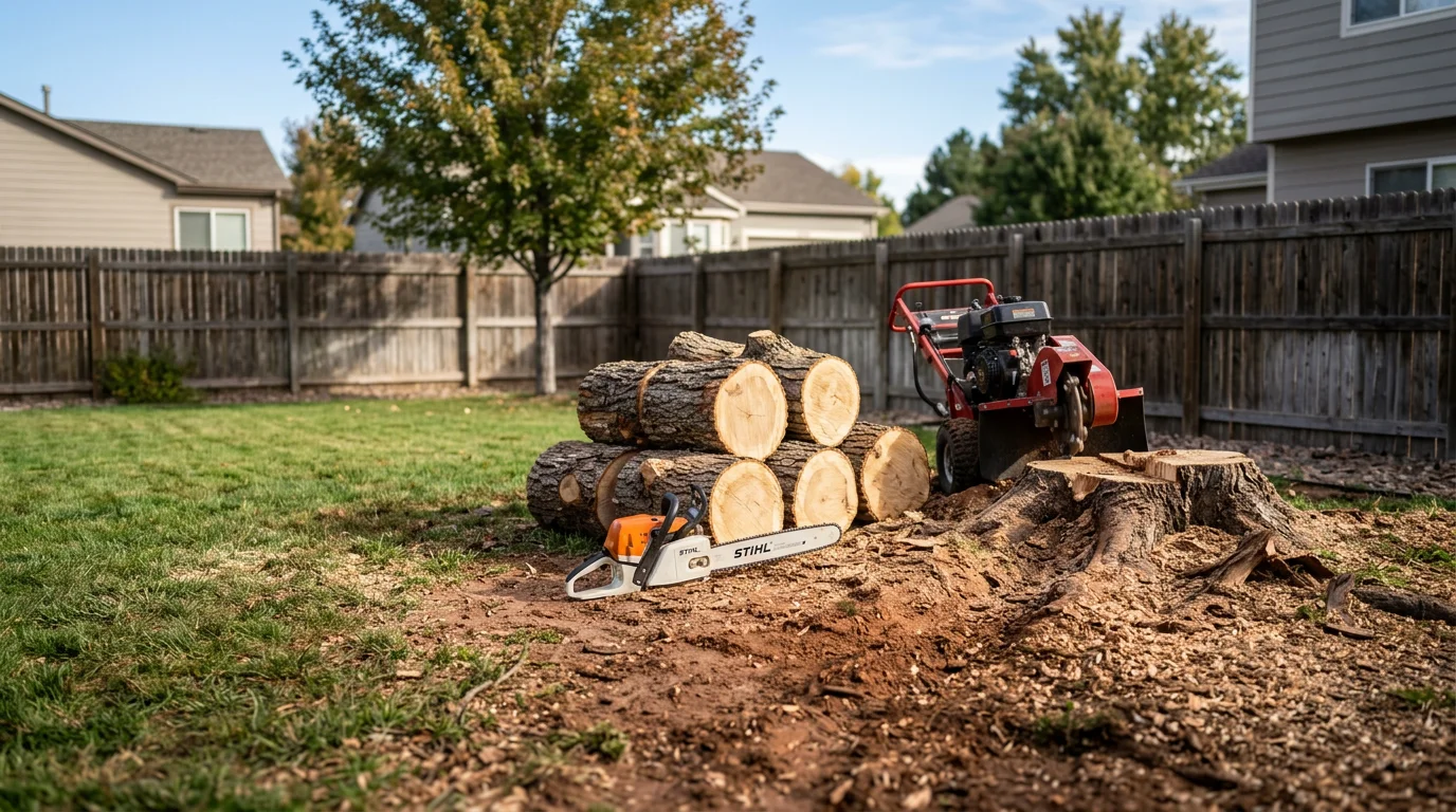 A large tree being removed in a Denver residential backyard, with the trunk sectioned and debris cleared from the surrounding lawn. A crew works near a single-story home on a clear Colorado day.