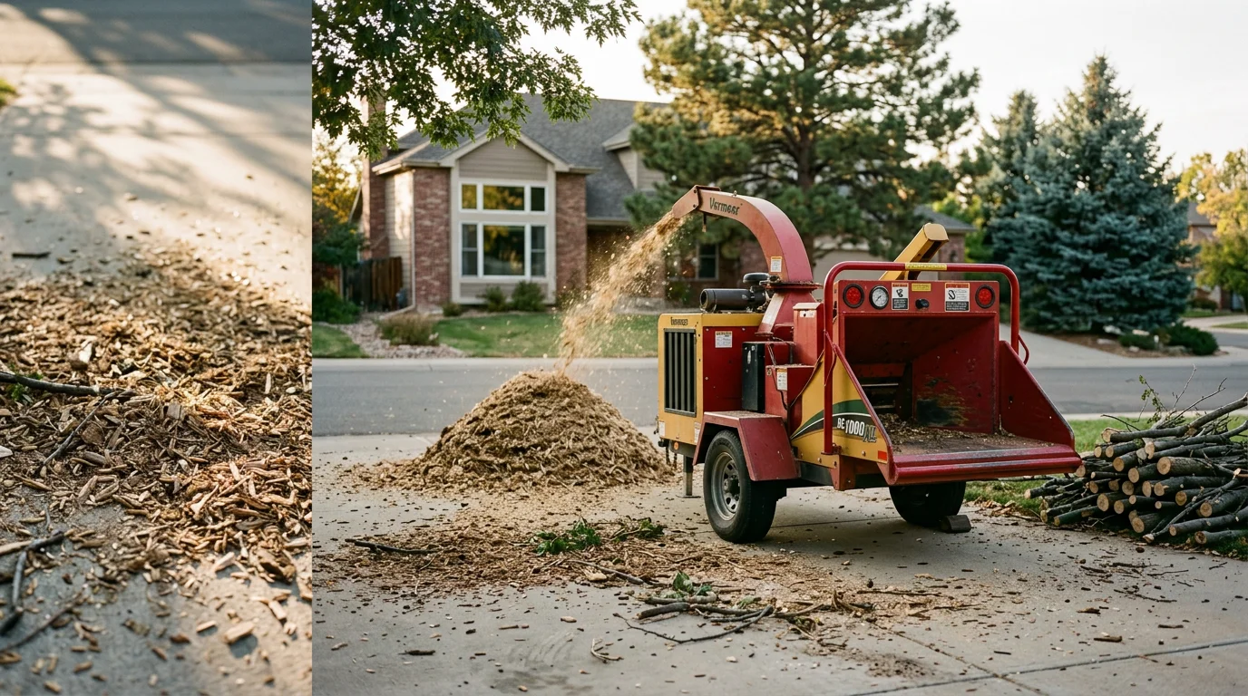 A wood chipper processing tree branches into mulch on a residential property in Denver, Colorado, with a pile of chipped wood debris visible on the ground nearby.