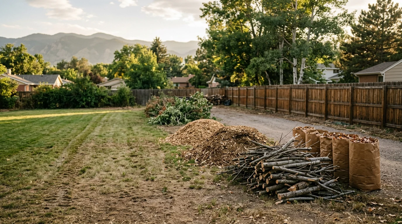 A cleared residential backyard in Denver with freshly ground stump area and all surrounding wood chips and branch debris hauled away. The lawn is open and clean after yard waste removal service by Peaks Stump Grinding LLC.